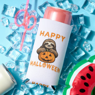 Funny Cute Sloth Holding Pumpkin Seltzer Can Cooler