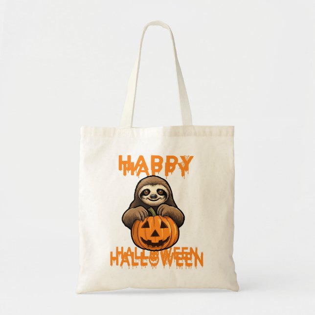 Funny Cute Sloth Holding Pumpkin Tote Bag (Front)