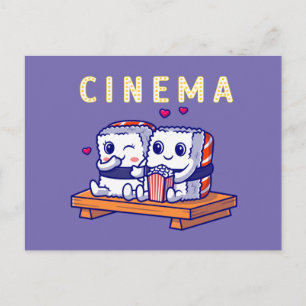 Funny Cute Sushi Couple Watching Home Cinema Postcard