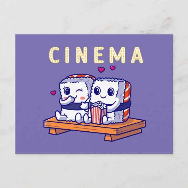 Funny Cute Sushi Couple Watching Home Cinema Postcard (Front)