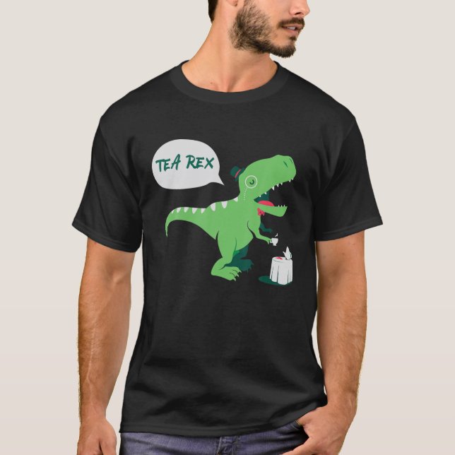 Funny Cute Tea Rex Tyrannosaurus Dino Drinking Tea T-Shirt (Front)