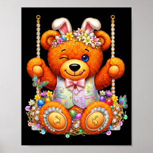 Funny cute teddy bear winking eyes easter basket  poster
