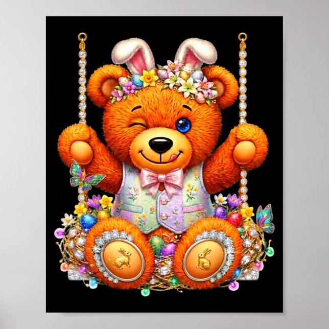 Funny cute teddy bear winking eyes easter basket  poster (Front)