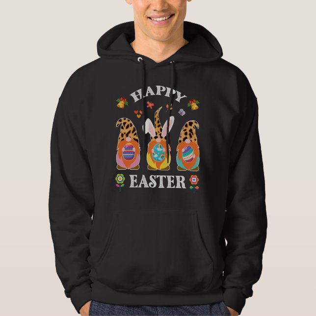 Funny Cute Three Gnomes Bunny Holding Egg Happy Ea Hoodie (Front)