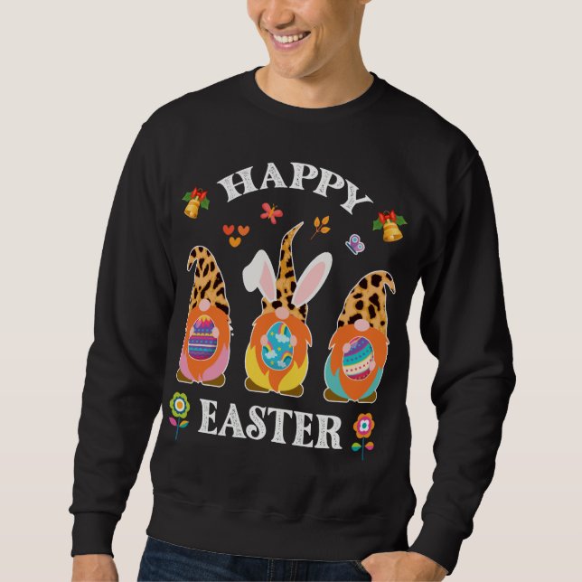Funny Cute Three Gnomes Bunny Holding Egg Happy Ea Sweatshirt (Front)