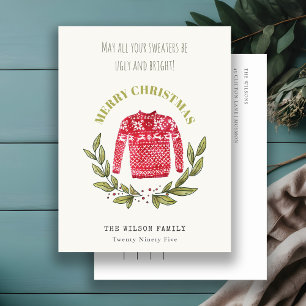 Funny Cute Ugly Sweater Leafy Red Green Christmas Holiday Postcard