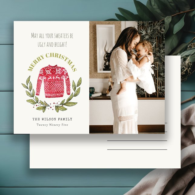 Funny Cute Ugly Sweater Red Green Photo Christmas Holiday Postcard (Creator Uploaded)