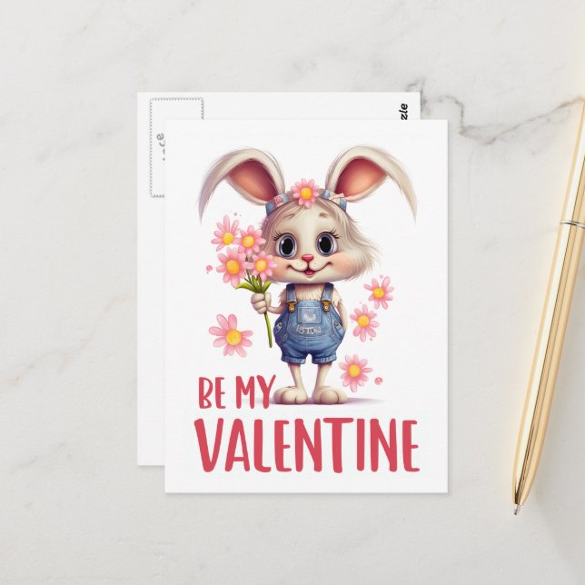 Funny Cute Valentine Rabbit Pink Flowers Postcard (Front/Back In Situ)