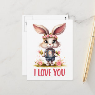 Funny Cute Valentine Rabbit Pink I Love You Postcard