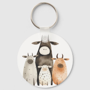 Funny cute watercolor cows familly humour farm  key ring