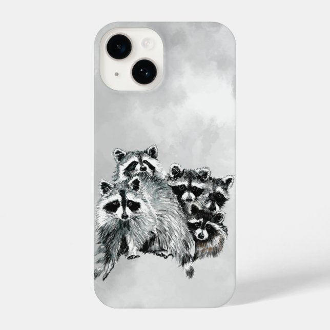 Funny Cute Watercolor Racoon Family Animal Art iPhone Case (Back)