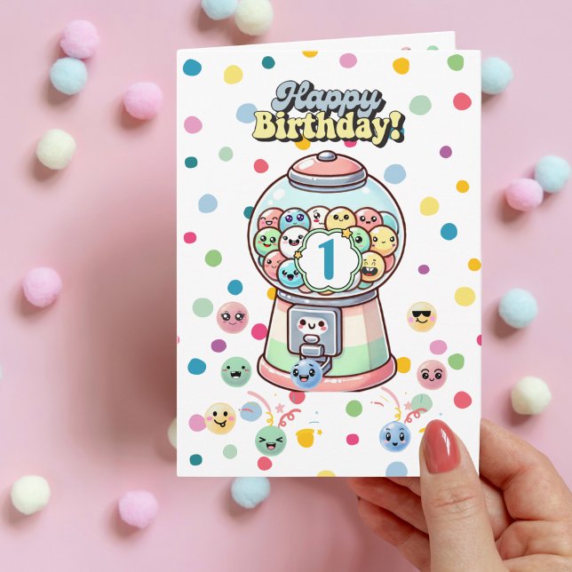 Funny Cute Whimsical Gumball,Custom First Birthday Card (Creator Uploaded)