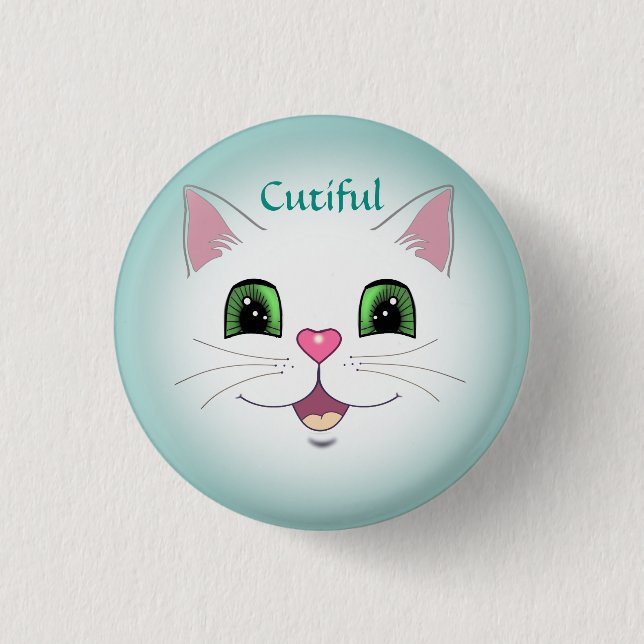 Funny cute white kitty cat face 3 cm round badge (Front)