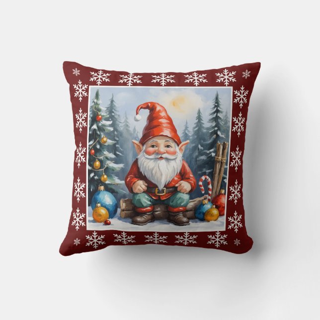 Funny Cute Winter Whimsical Scandinavian Gnome  Cushion (Back)