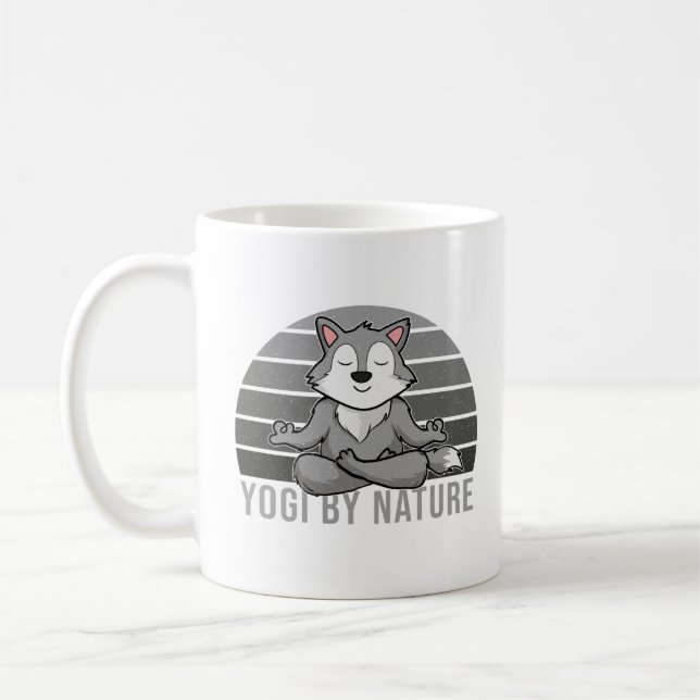 Funny cute wolf doing yoga. funny yoga poses coffee mug (Left)