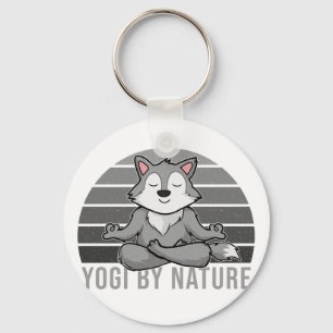 Funny cute wolf doing yoga. funny yoga poses key ring