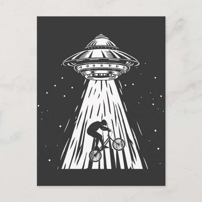 Funny Cycling bmx Alien Ufo Biker Abduction Postcard (Front)