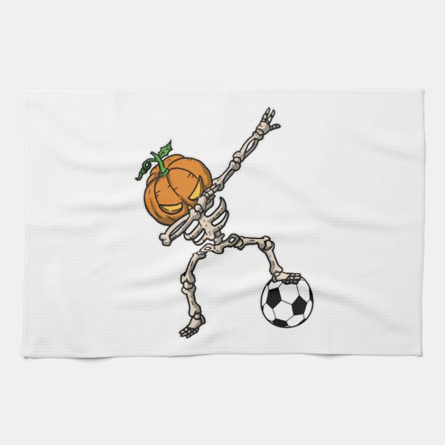 Funny Dabbing Pumpkin Head Soccer Gift Idea Tea Towel (Horizontal)