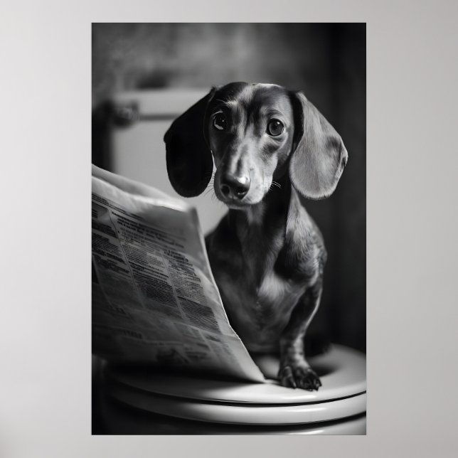 Funny Dachshund Bathroom Print, Reading Dog Poster (Front)