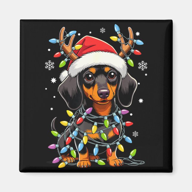 Funny Dachshund Christmas Lights Santa Hat Xmas  Magnet (Front)
