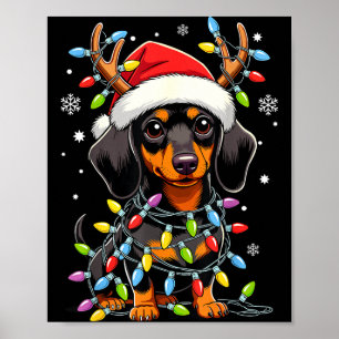 Funny Dachshund Christmas Lights Santa Hat Xmas  Poster