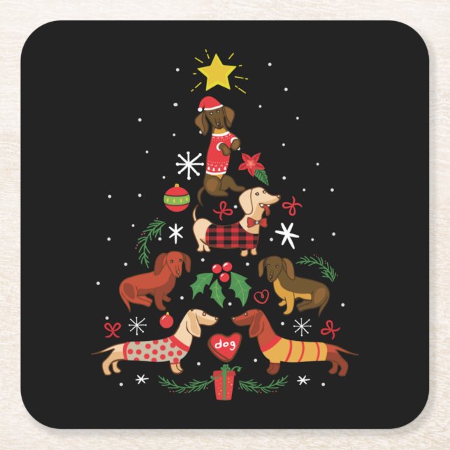Funny Dachshund Christmas Tree Square Paper Coaster (Front)