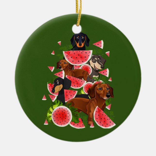 Funny Dachshund Christmas Tree Watermelon Summer Ceramic Ornament (Front)