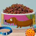 Funny Dachshund Dog Colourful Cartoon Street Food<br><div class="desc">The cartoon illustration on this pet food bowl depicts a brown Dachshund dog smiling, standing in a colourful neighbourhood. Her name "Gigi" is written in a black font on the left, and "Queen of the neighbourhood" is written on the right side. Replace the name with your dog's name, keep the...</div>