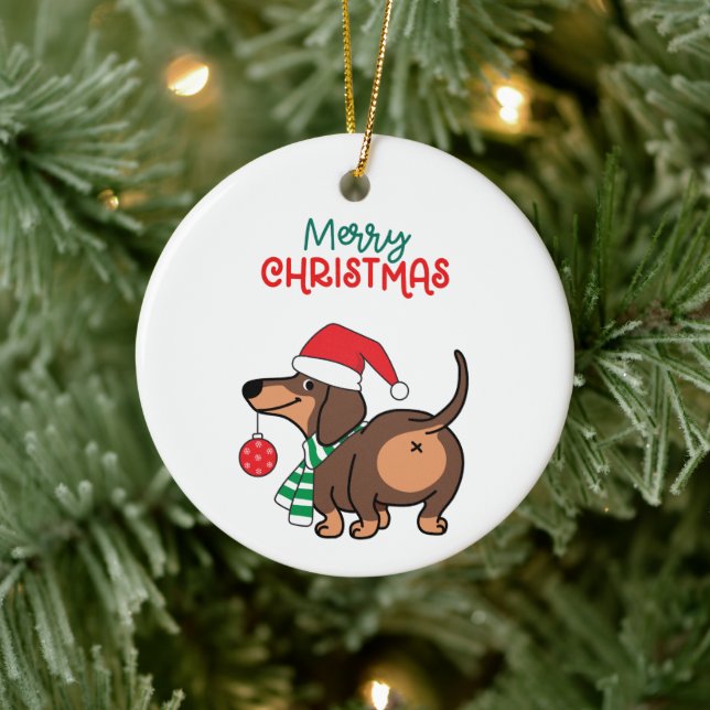 Funny Dachshund Dog Cute Merry Christmas  Ceramic Ornament (Tree)