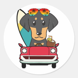 Funny Dachshund Dog is driving to the beach Classic Round Sticker
