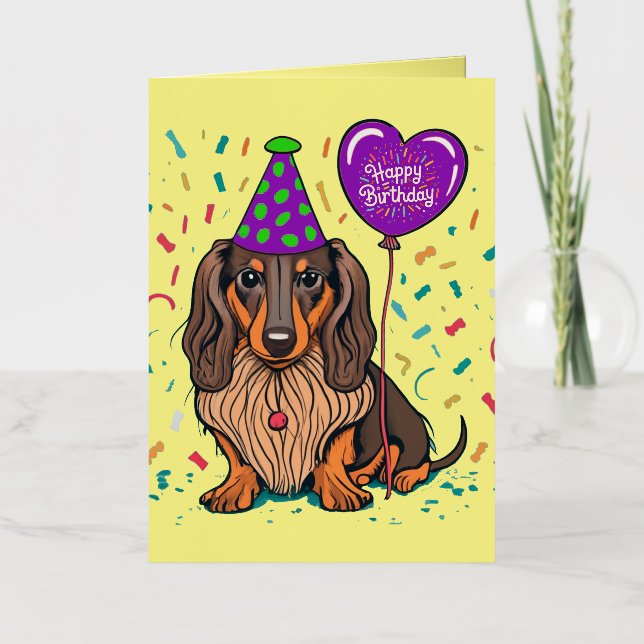 Funny Dachshund Dog with Happy Birthday Balloon Foil Holiday Card (Front)