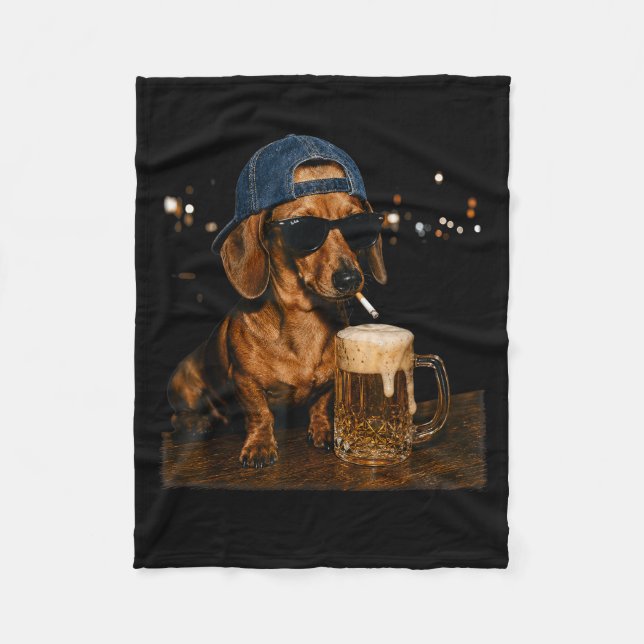 Funny Dachshund Drinking Beer Cool Dog With Fleece Blanket (Front)