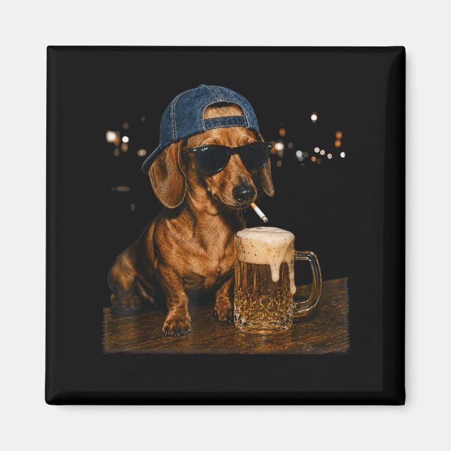 Funny Dachshund Drinking Beer Cool Dog With Magnet (Front)
