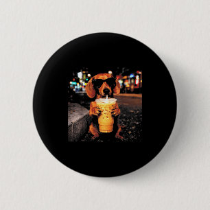 Funny dachshund drinking iced coffee animal meme 6 cm round badge