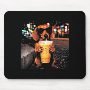 Funny dachshund drinking iced coffee animal meme mouse pad