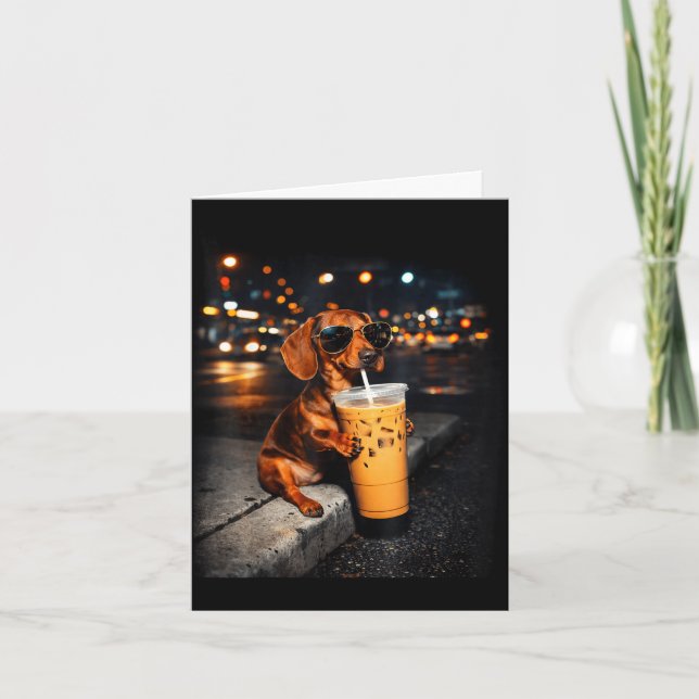 Funny dachshund drinking iced coffee cute dog meme card (Front)