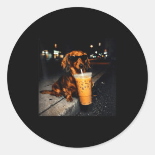 Funny dachshund drinking iced coffee cute dog meme classic round sticker