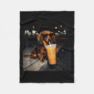 Funny Dachshund Drinking Iced Coffee Cute Dog Meme Fleece Blanket