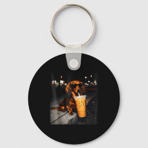 Funny dachshund drinking iced coffee cute dog meme key ring