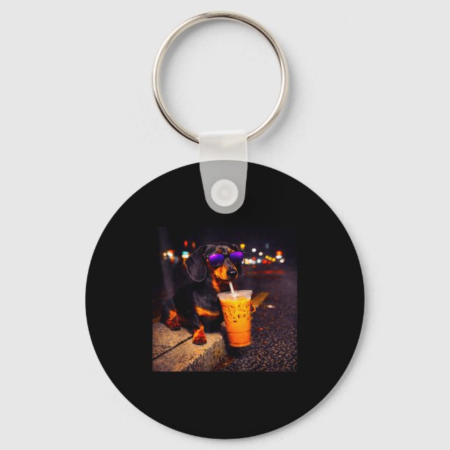 Funny dachshund drinking iced coffee cute dog meme key ring (Front)