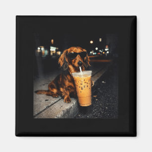 Funny Dachshund Drinking Iced Coffee Cute Dog Meme Magnet