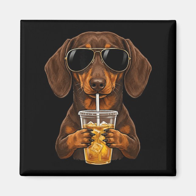 Funny dachshund drinking iced coffee cute dog meme magnet (Front)
