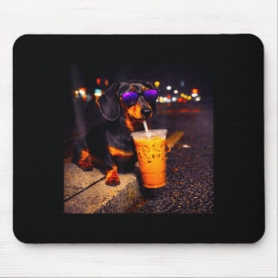 Funny dachshund drinking iced coffee cute dog meme mouse pad