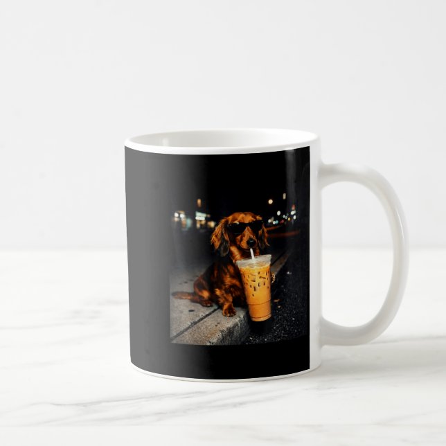 Funny dachshund drinking iced coffee cute dog meme mug (Right)