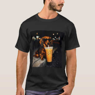 Funny dachshund drinking iced coffee cute dog meme T-Shirt
