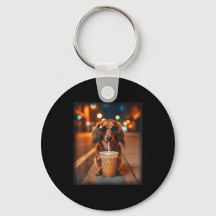 Funny dachshund drinking iced coffee lover dog key ring