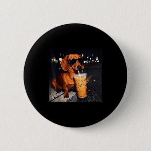 Funny dachshund drinking iced coffee lover humor 6 cm round badge