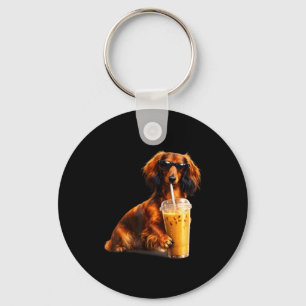 Funny dachshund drinking iced coffee lover humor  key ring