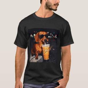 Funny dachshund drinking iced coffee lover humor  T-Shirt