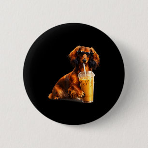 Funny dachshund drinking iced coffee lover humour 6 cm round badge